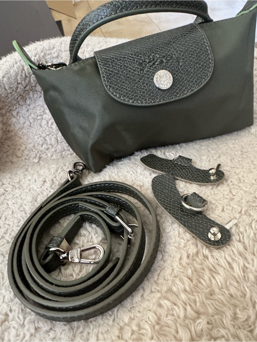 Longchamp Small Olive Green Nylon Top-Handle Crossbody Bag - Picture 3 of 6